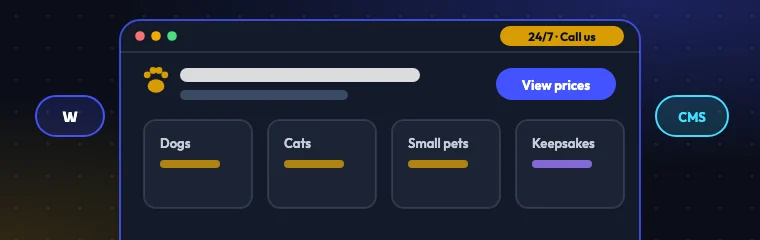 Website mockup with a 24/7 call button, pricing by pet size and a keepsakes section