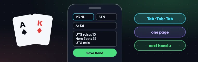 Playing cards next to a phone form for logging a poker hand with a Save Hand button